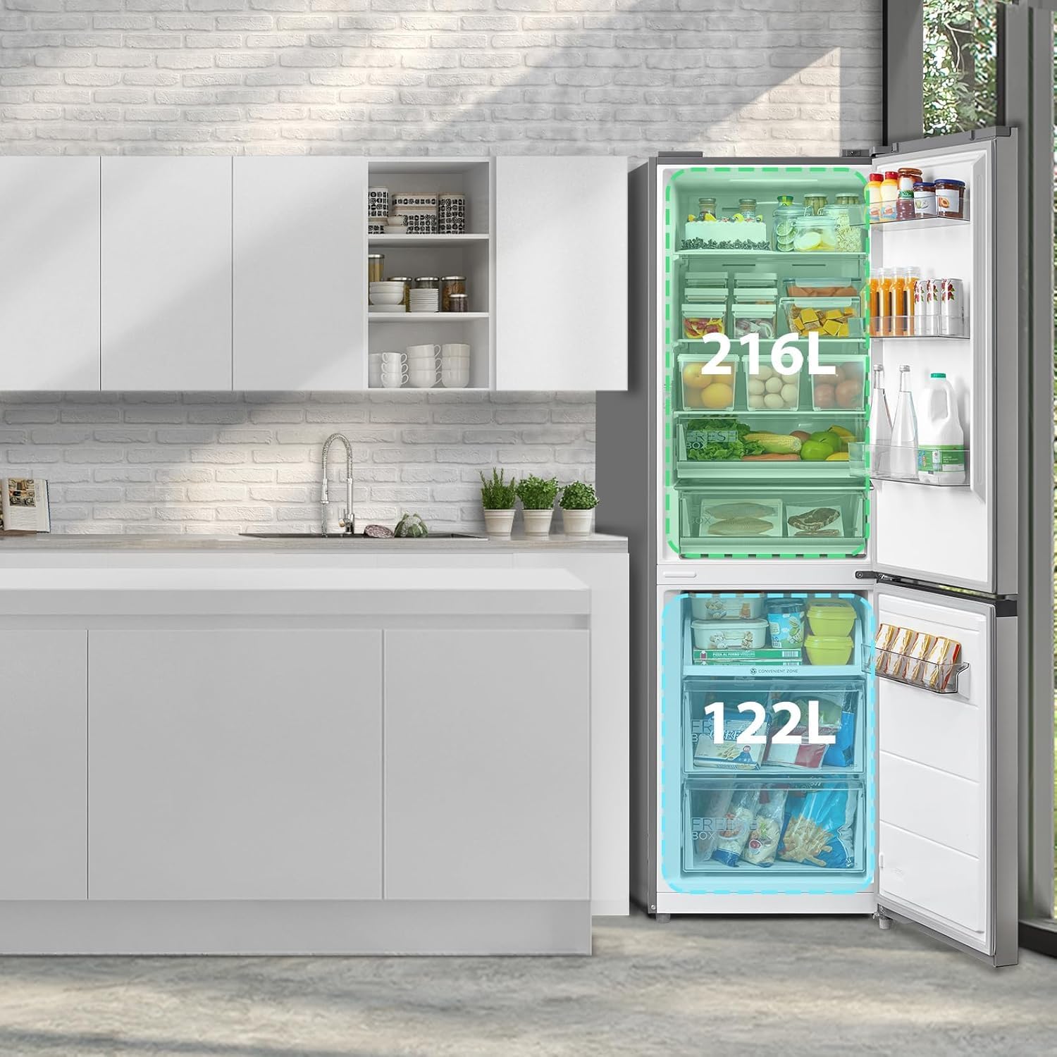 Midea MERB345MGC02 Kühl-/Gefrierkombination/No Frost/185 cm hoch / 59,5 cm breit /70 cm tiefe/171 kWh/Jahr/216 L Kühlteil/ 122 L Gefrierteil/Twin Control/mit Chiller Box, Front Inox