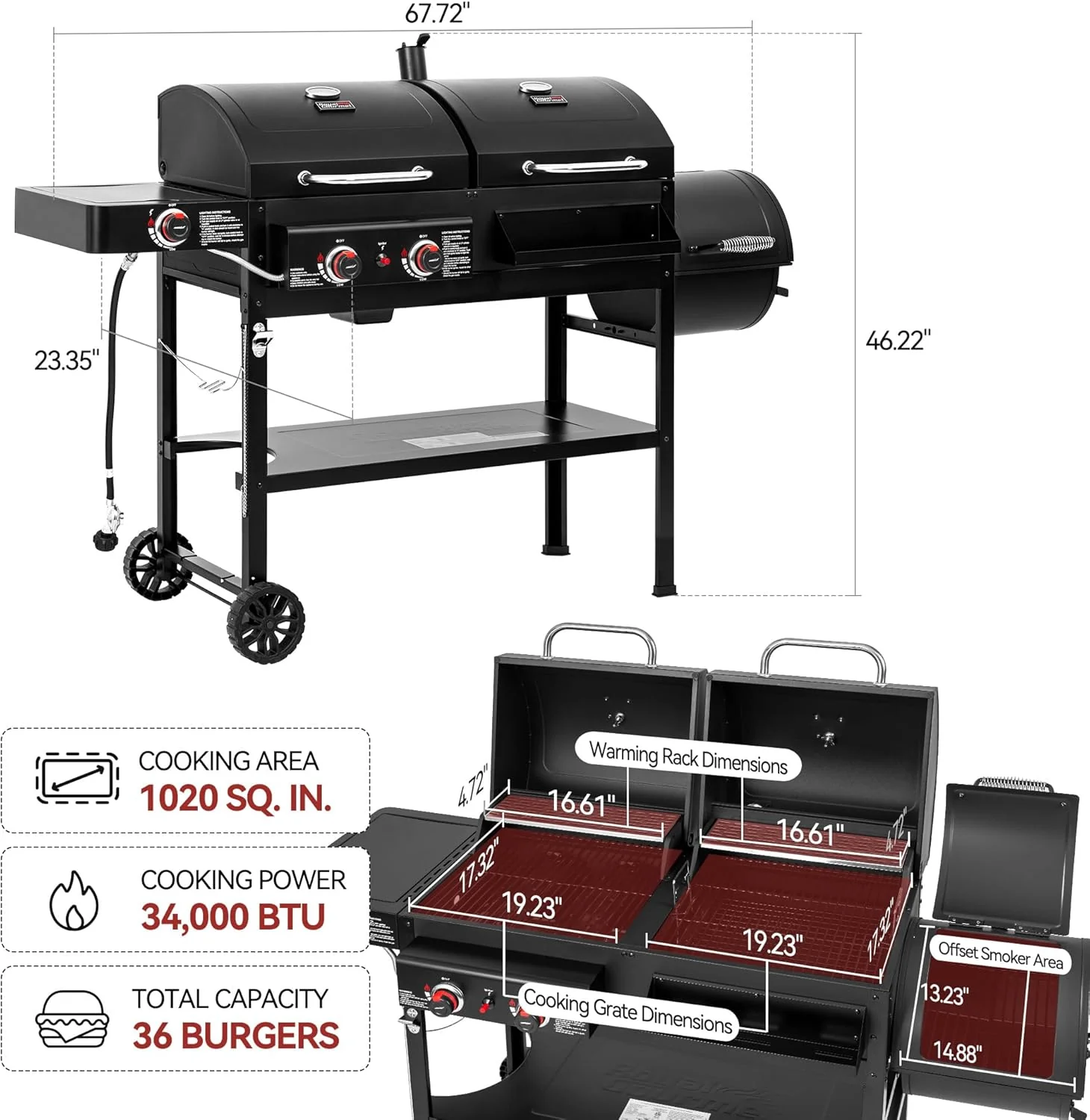 2 égős gáz- és faszén grill kombó offset smokerrel és oldalégővel, 34 000 BTU Dual Fuel Grill, 1020 négyzetcol főzőfelület, ideális kültéri főzéshez, fekete, ZH3005Y-SC