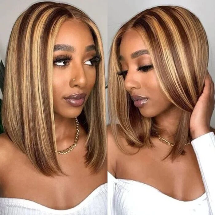 Wear & Go Bob Wig #P4/27 Highlight Wig Pre Cut HD 8x5 Lace Front Glueless Human Hair Wigs Beginner Friendly