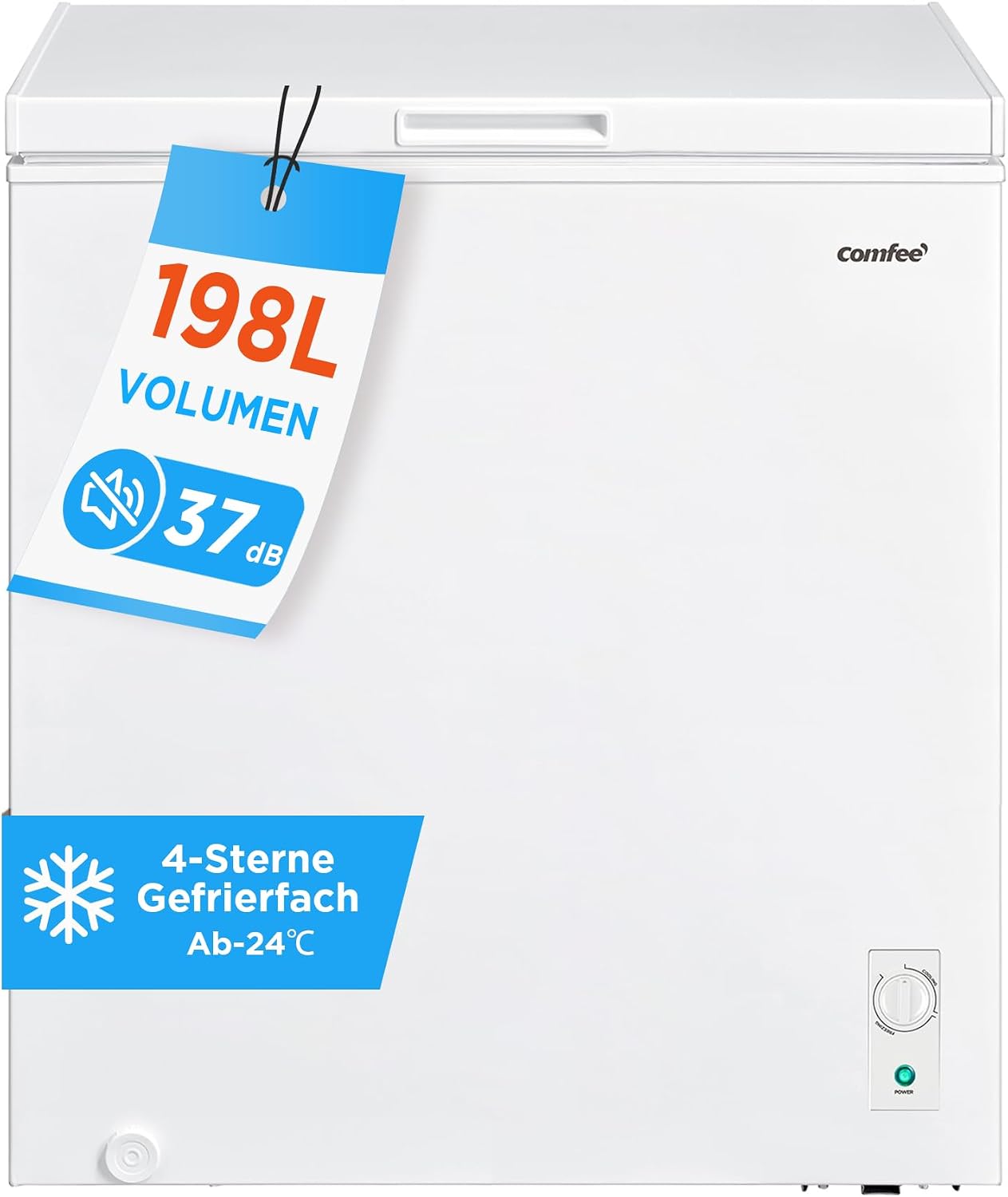 Comfee 198L Gefriertruhe, leise 37 dB, 4-Sterne-Gefrieren, Kühl-/Gefrier-Konvertierung (1–10°C / -24––12°C), 24‑h‑Schnellgefrierung 9kg, Energiesparender Inverter-Kompressor, Aluminium-Innenraum