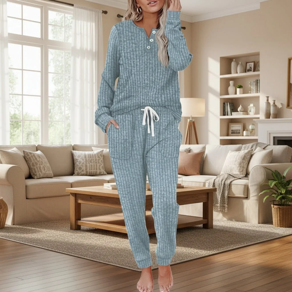 Women��s Ribbed Two-Piece Loungewear Set with Button-Neck Long Sleeve
