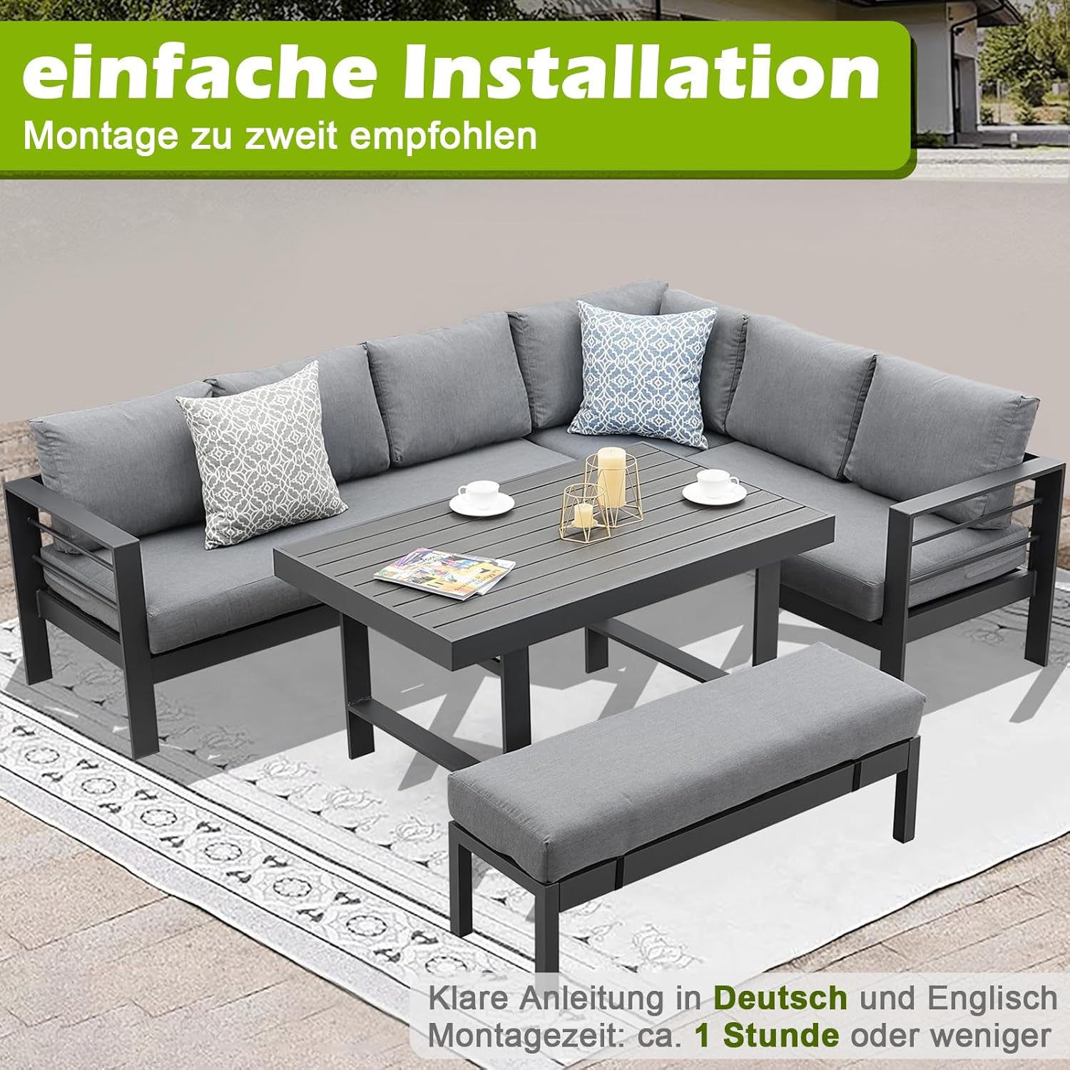 Atenza Aluminium Gartenlounge Set 6-8 Personen, Ecklounge Gartenmöbel-Set mit Ecksofa, Tisch und Sitzbank, Outdoor Lounge mit Sitz- und Rückenkissen für Garten, Terrasse, Balkon (Grau)