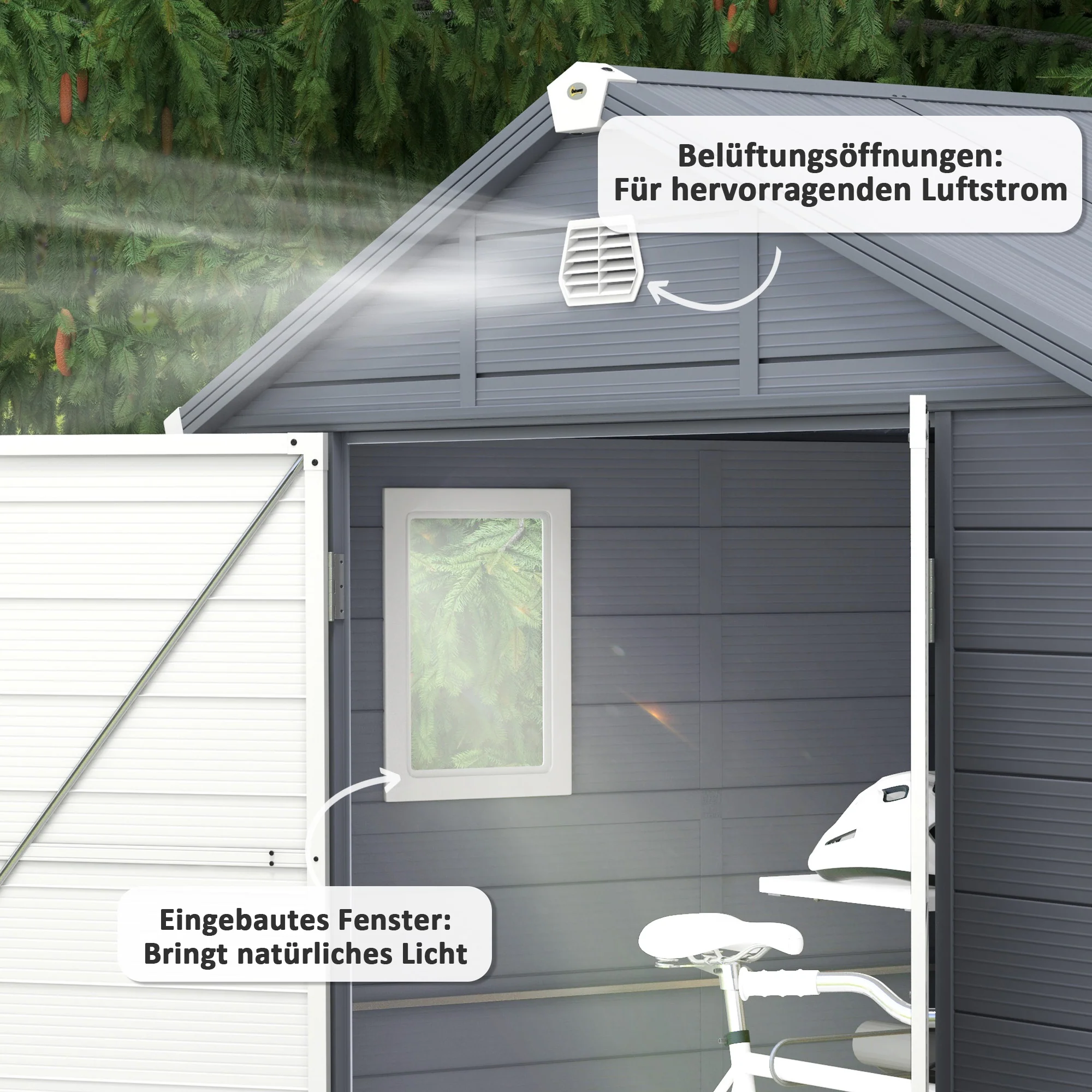 Outsunny Tuinhuis, Tuinschuur met Ventilatieraam, Kunststof, Metaal, 240 x 190 x 180/228, Grijs
