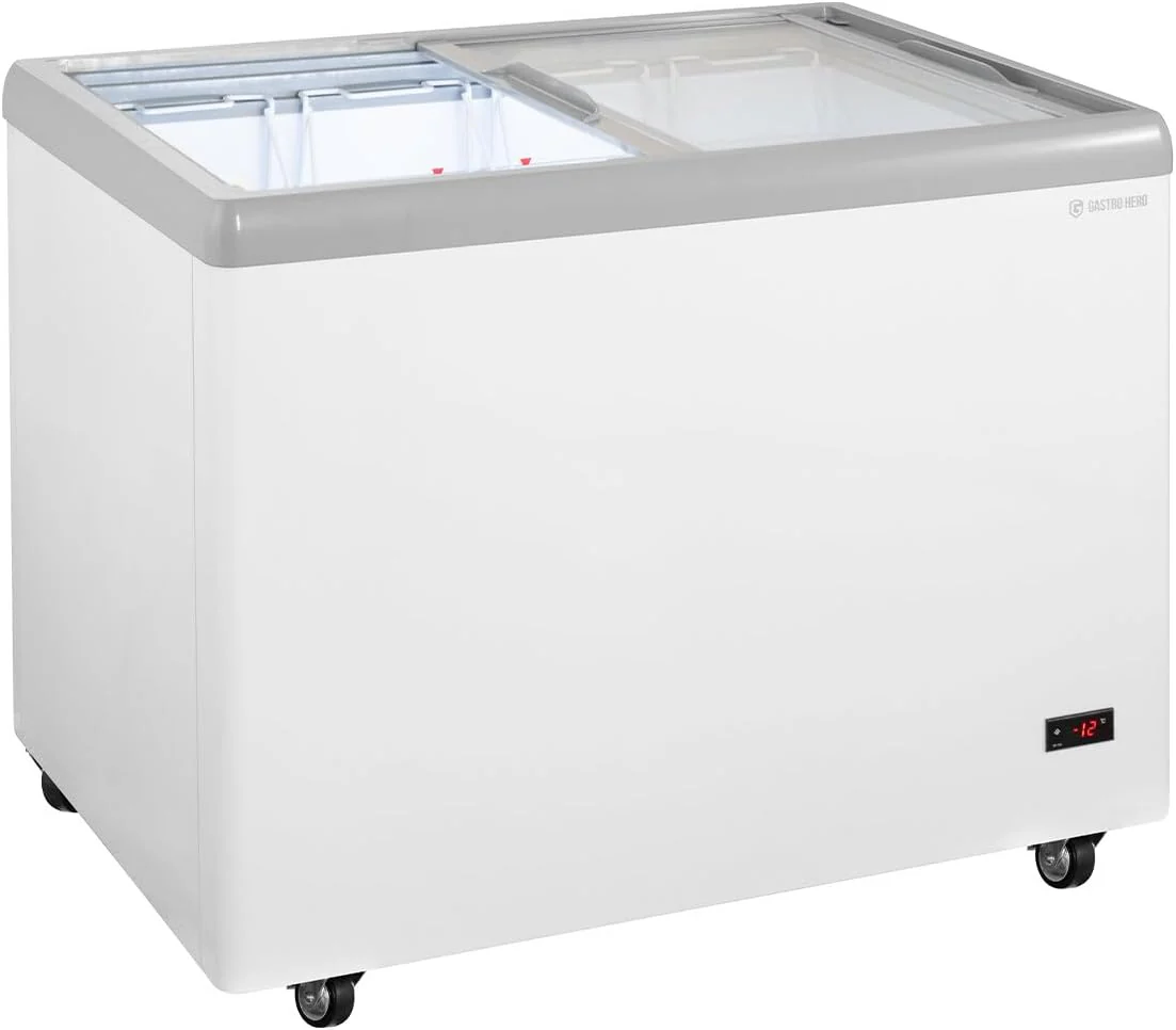 GastroHero fagylaltfagyasztó láda 284 liter, mélyhűtő láda LED világítással, tolóüvegfedéllel, görgőkkel, ipari fagyasztószekrény, fagylaltos láda, eladás –18 °C gasztronómia, büfé