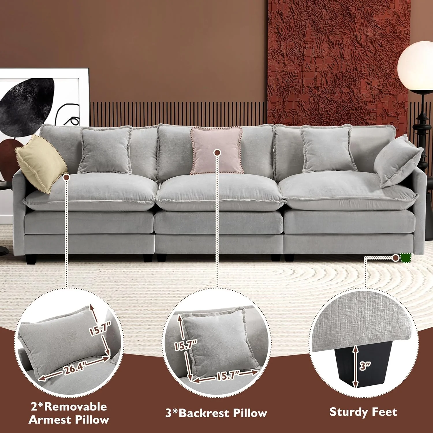 111.4 Inch L-Shaped Modern Sofa Modular Cloud Sofa Ottoman 4-Seater Chenille Deep Seat Sofa