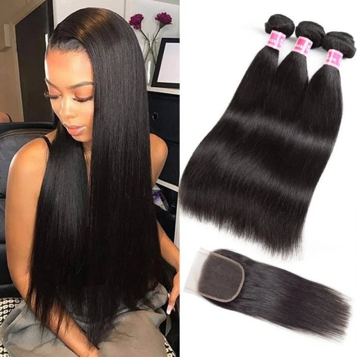Brazilian Virgin Straight Hair 3 Bundles With 4*4 HD Lace Closure Human Hair Extensions