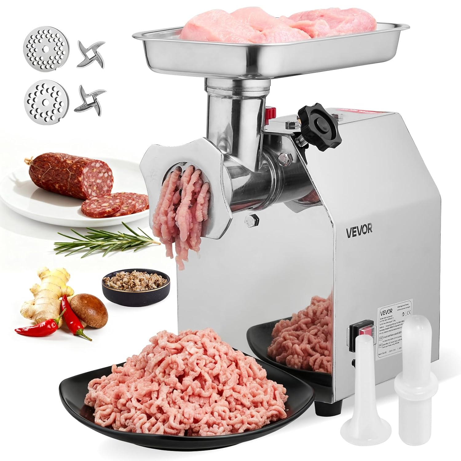 VEVOR Tritacarne Elettrico Capacità 2,49kg/min, Tritacarne da Tavolo da 850 W con Lama Piastra di Macinazione, Macchina per Salsicce Commerciale in Acciaio Inox per Cucina Ristorante Hotel