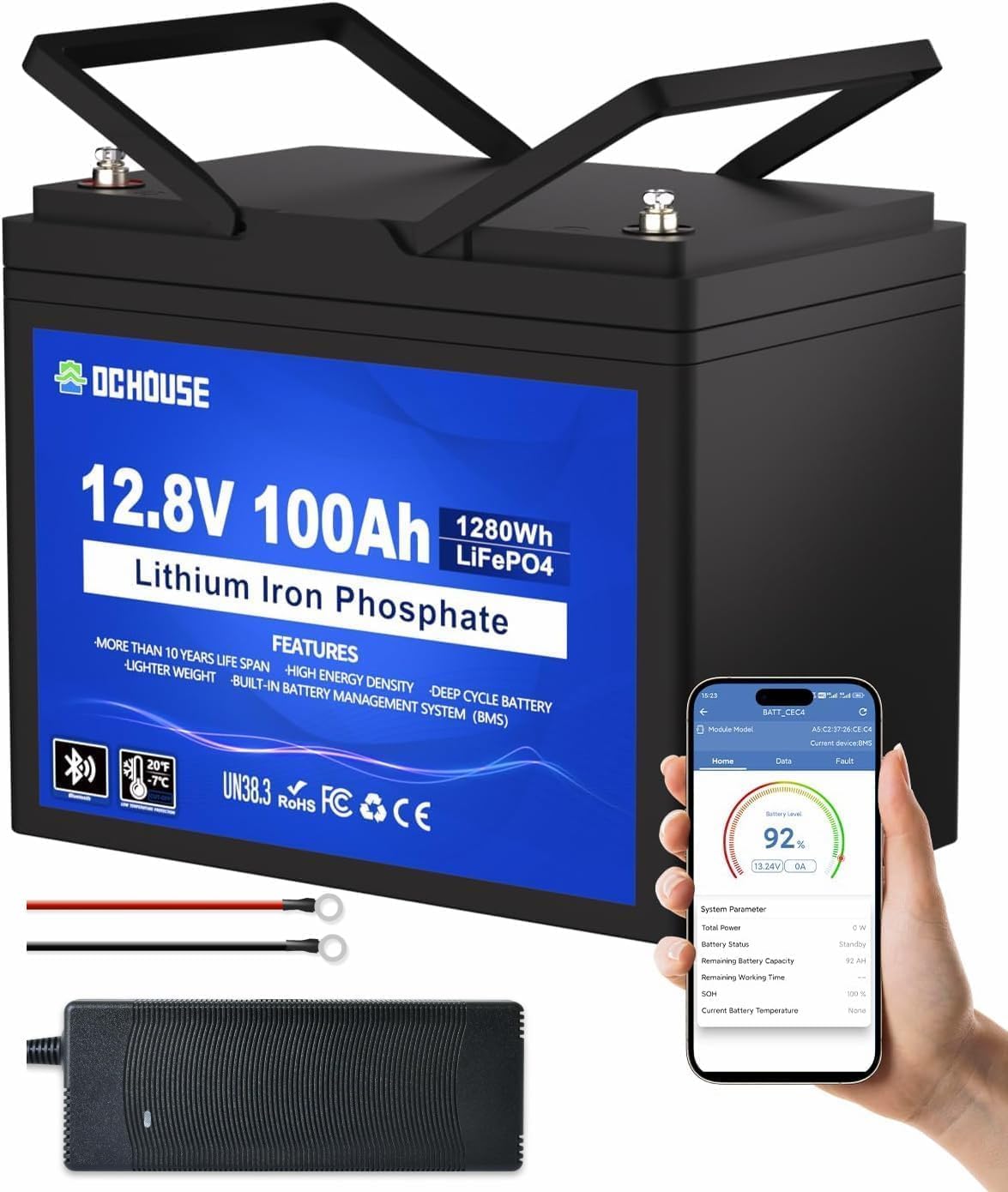 DCHOUSE 12V 100AH LiFePO4 Bluetooth Lithium Batterie,mit 10A Batterie Ladegeräte,100A BMS Niedertemperaturschutz,1280Wh Autobatterie für Trolling-Motor,Wohnmobil,Wohnwagen,Solaranlage
