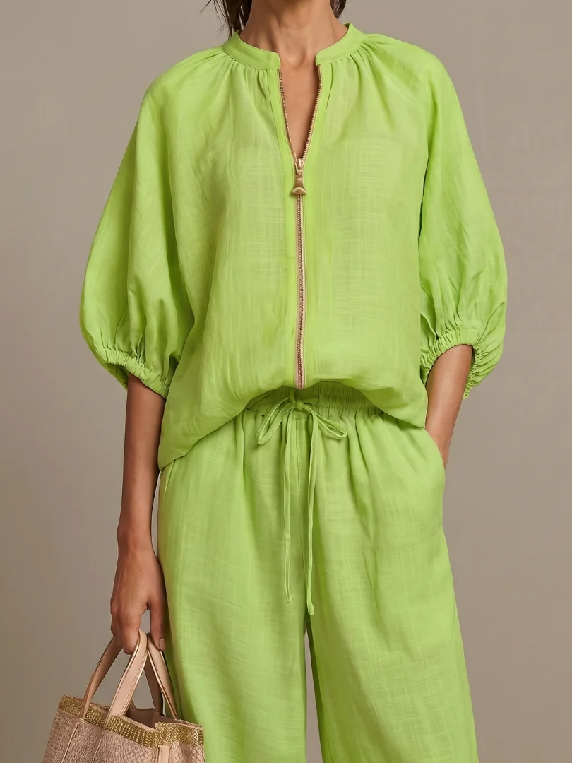 Women��s Two-Piece Zip Front Blouson Top and Wide Leg Trousers Set