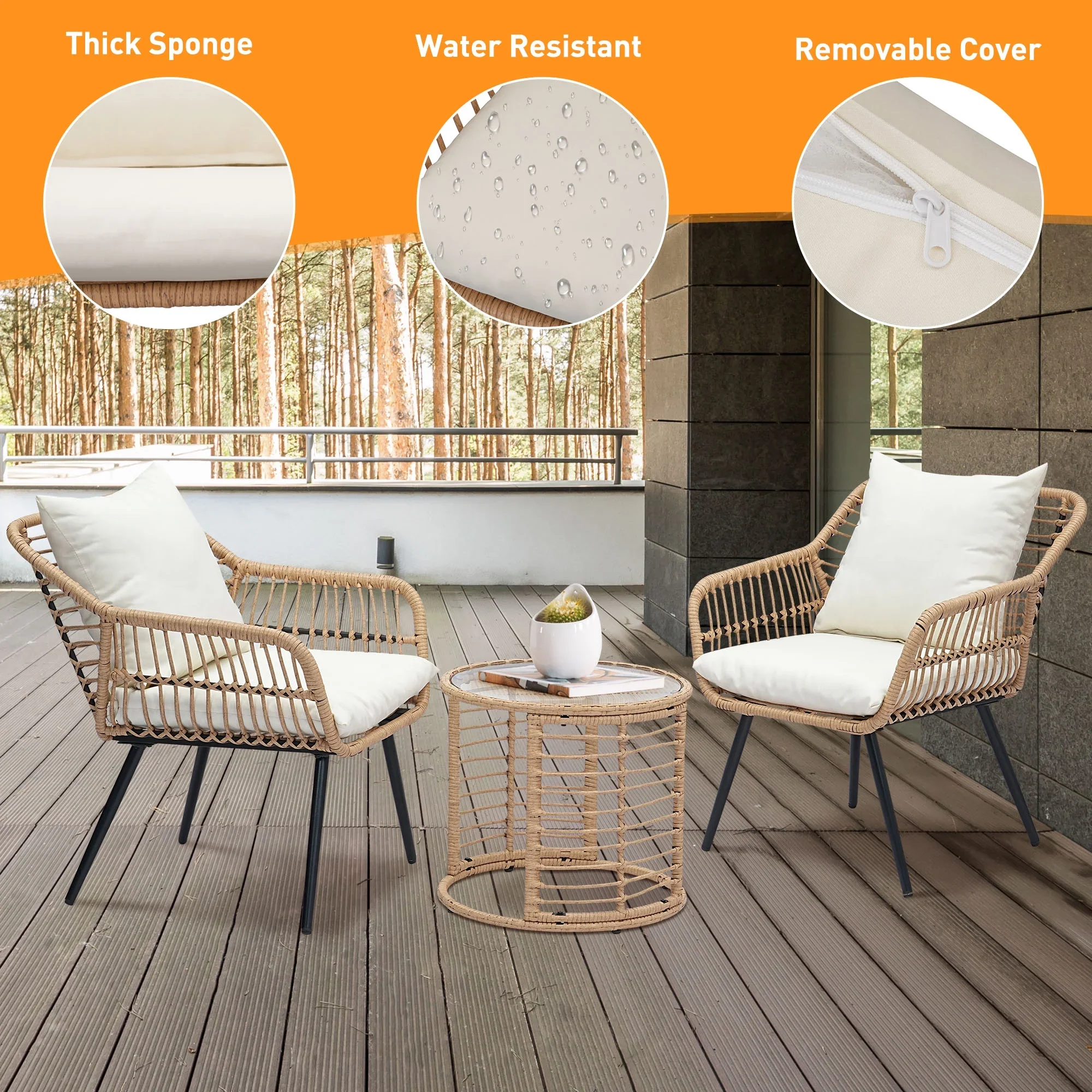 3-Piece Steel Outdoor Bistro Sets with Metal Chairs and Glass Top Table, Beige