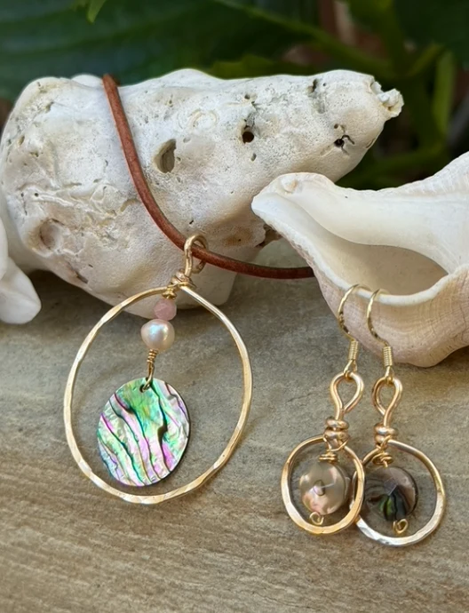 Simple Abalone Gold Hammered Hoops