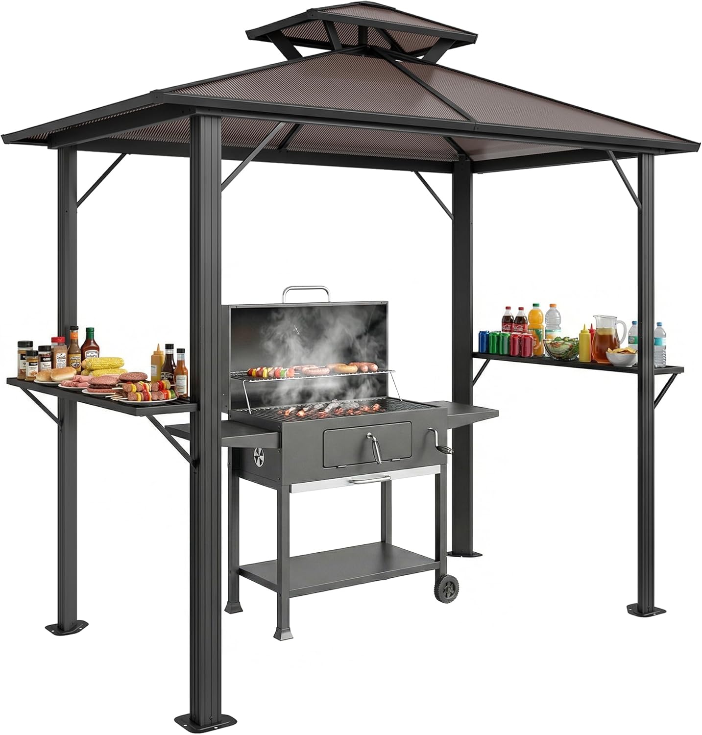 Outsunny Grillpavillon 2,5 x 1,5 m, Wasserdicht Grillüberdachung mit Doppeldach aus Polycarbonat Seitenregalen Aluminiumrahmen UV-Beständige Grill Pavillon Grillzelt für BBQ Garten Party Braun