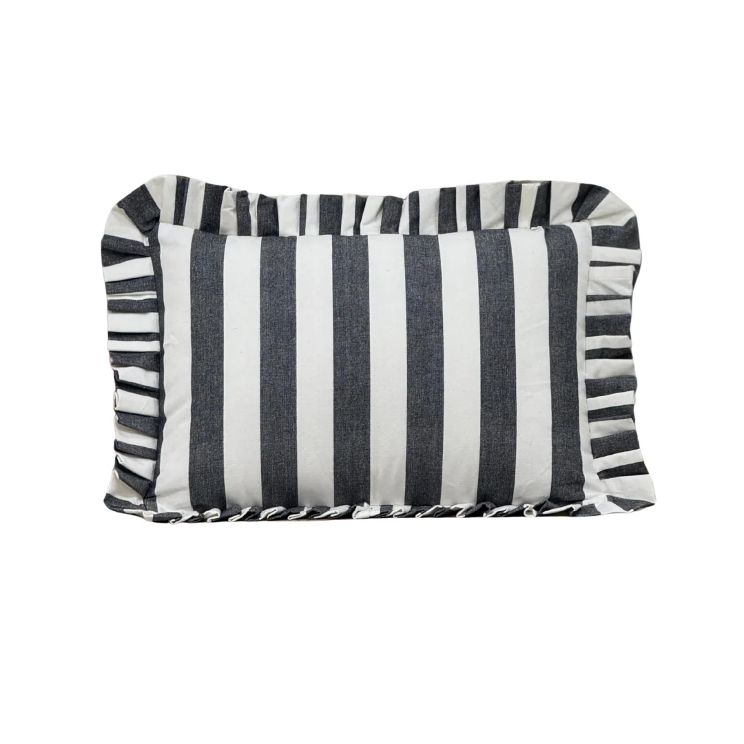 Ruffle Lumbar Pillow Cover Black Bold Stripe