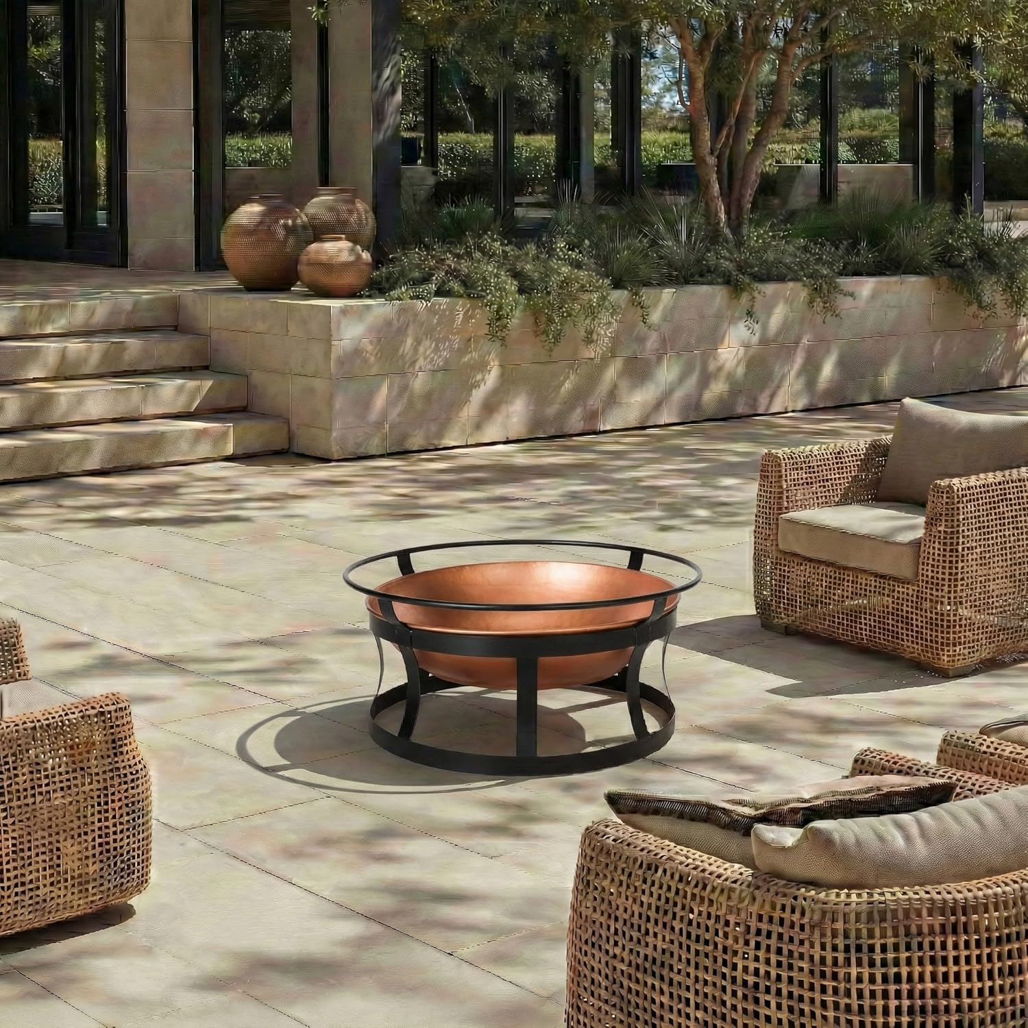 SAFAVIEH Outdoor - Bonaire Copper & Black Wood Burning Fire Pit with Grate & Poker, Round Iron Patio Fireplace for Backyard & Deck, 28
