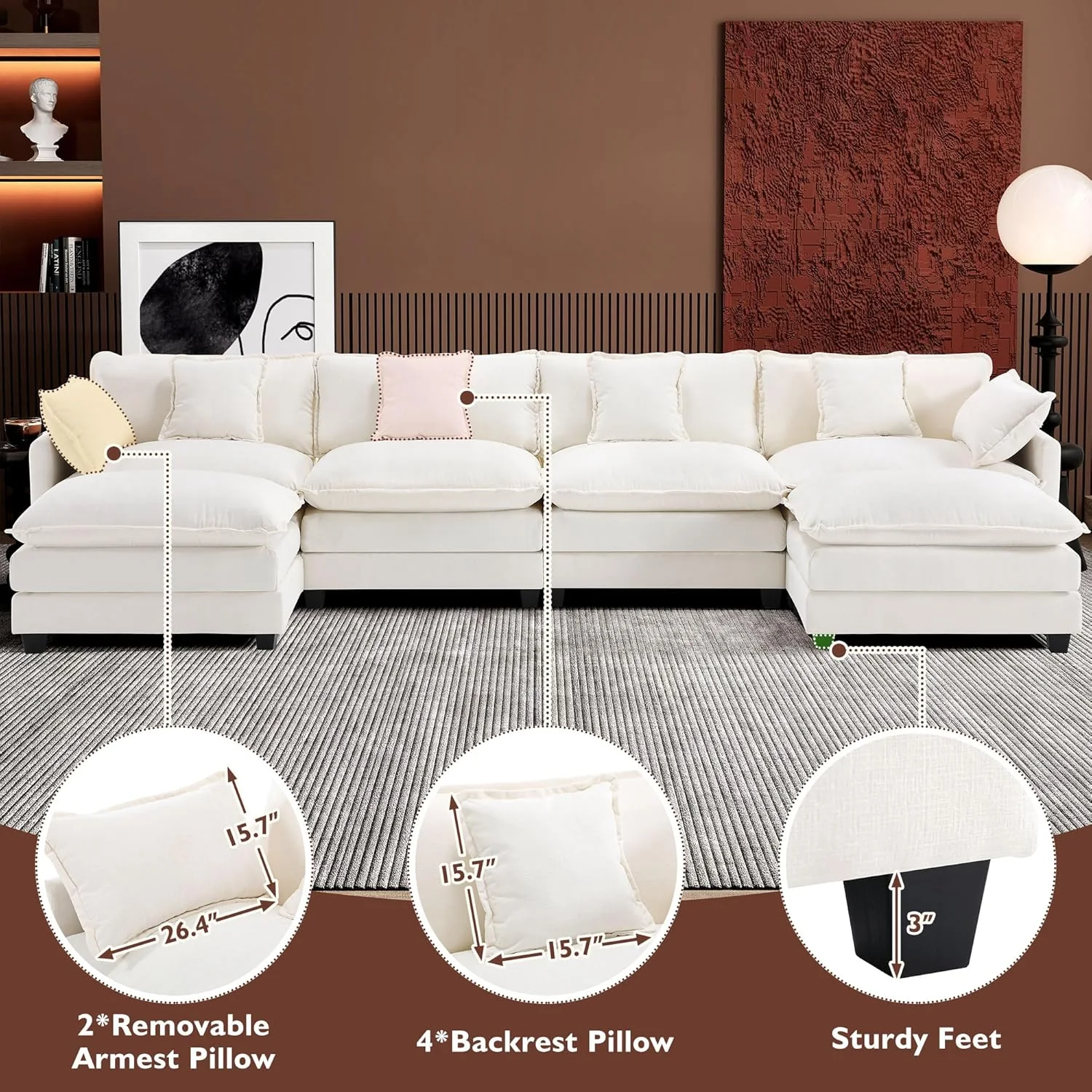 111.4 Inch L-Shaped Modern Sofa Modular Cloud Sofa Ottoman 4-Seater Chenille Deep Seat Sofa