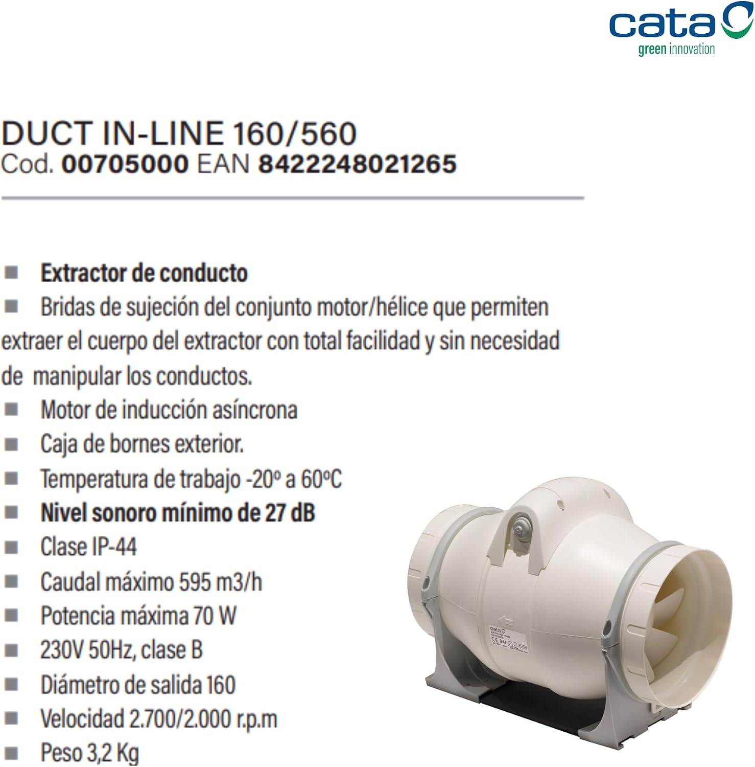 Cata | Helicocentrifugal-Extruder | Modell Duct IN-LINE 160/560 | Hochleistungs-Abluftventilator mit niedrigem Geräuschpegel | Ventilator mit 2 Geschwindigkeitsstufen | Energieeffizienzklasse B