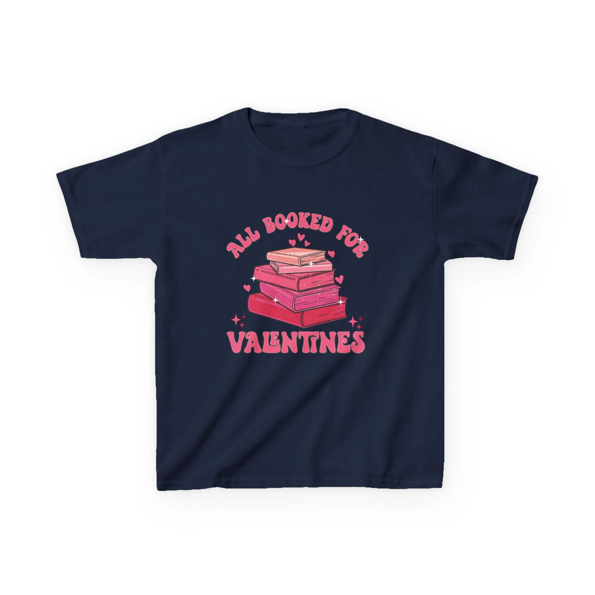 All Booked Up Valentines Kids Tee | Stack of Books, Pink Hearts