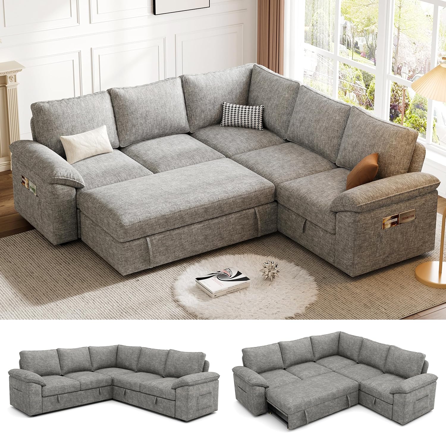 108 Inch Sectional Sleeper Sofa with Pull Out Bed, U Shaped 7 Seat Modular Sectional Sofa