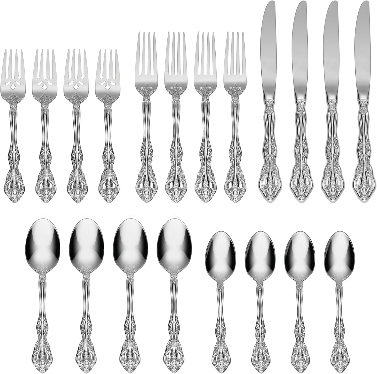 Oneida Silverware Set For 4, Michelangelo 20-Piece Fine Flatware Set, Service For 4, Heavyweight 18/10 Stainless Steel, Mirror Finish, Dishwasher Safe, Knives Spoons & Forks Sets (Silver, 20 Piece)