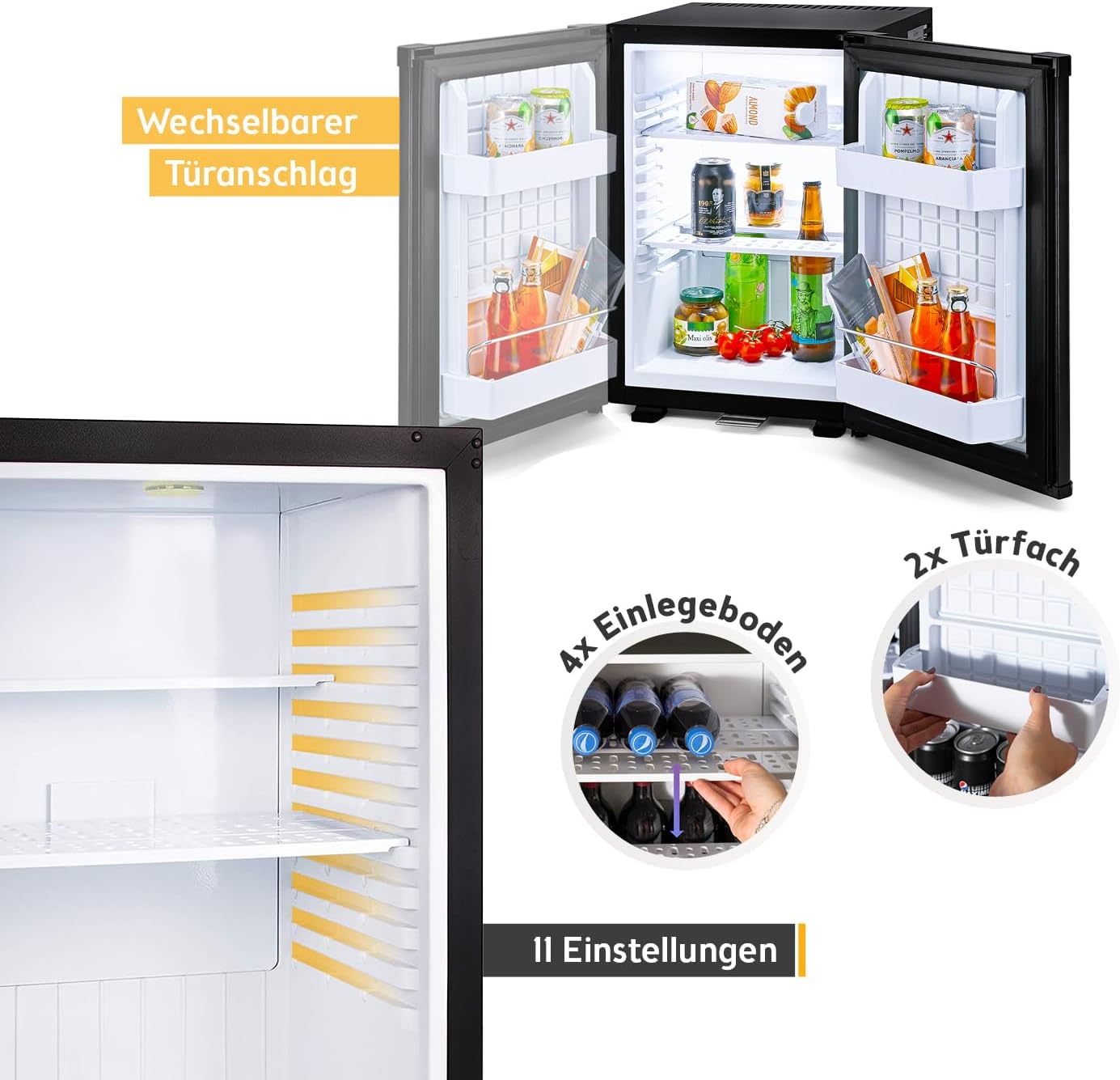 TZS First Austria - Mini Kühlschrank 40L lautlos & abschließbar - Kleiner Minikühlschrank, wechselbarer Türanschlag & Innenbeleuchtung - Minibar für Camping, Büro, Schlafzimmer & Hotel - Mattschwarz