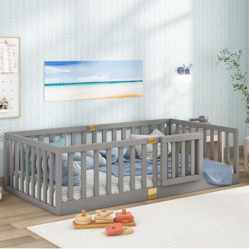 Tatub Montessori   Letto doppio a pavimento con parapetti di sicurezza, porta installabile a sinistra o a destra, struttura in legno grigio : Prima infanzia