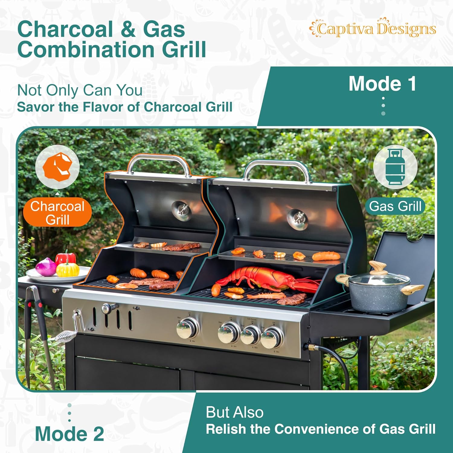 Captiva Designs Propane Gas Grill and Charcoal Grill Combo with Side Burner & Porcelain-Enameled Cast Iron Grate  Dual Fuel BBQ Grill for Outdoor Events & Backyard Barbecue  690 SQIN Cooking Area