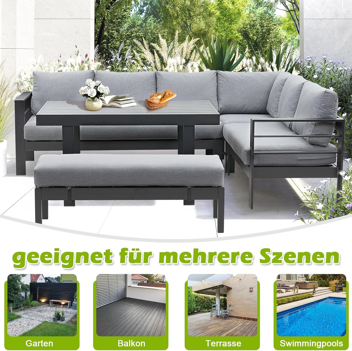 Atenza Aluminium Gartenlounge Set 6-8 Personen, Ecklounge Gartenmöbel-Set mit Ecksofa, Tisch und Sitzbank, Outdoor Lounge mit Sitz- und Rückenkissen für Garten, Terrasse, Balkon (Grau)