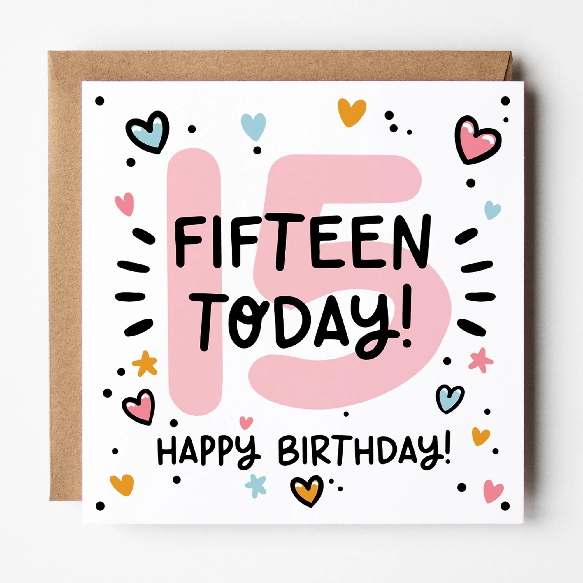 15th Birthday Card for Girls: Pink 15, Fifteen Today with Hearts and Kraft Envelope