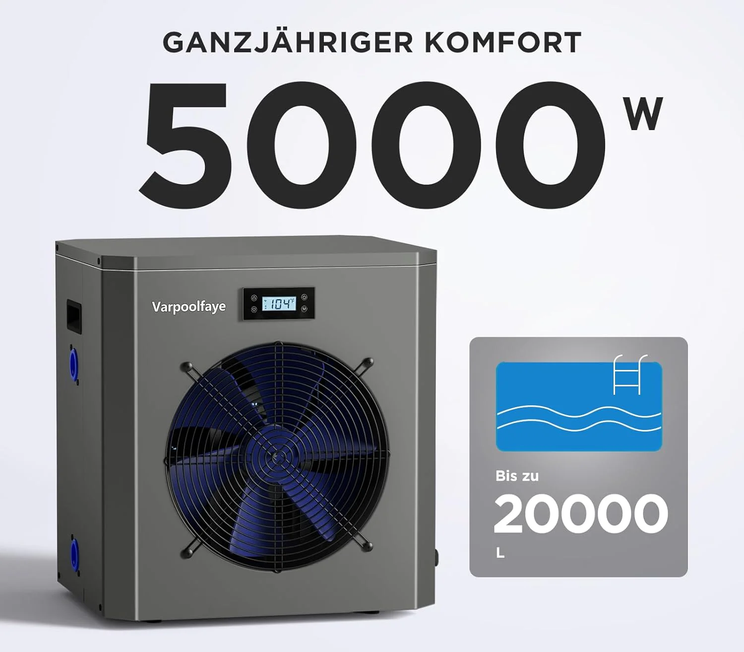 5KW elektromos medence hőszivattyú föld feletti medencéhez medencefűtés hőszivattyú úszómedencéhez 20 000 l-ig 20 m³ WiFi vezérlés 220v 240v 50Hz