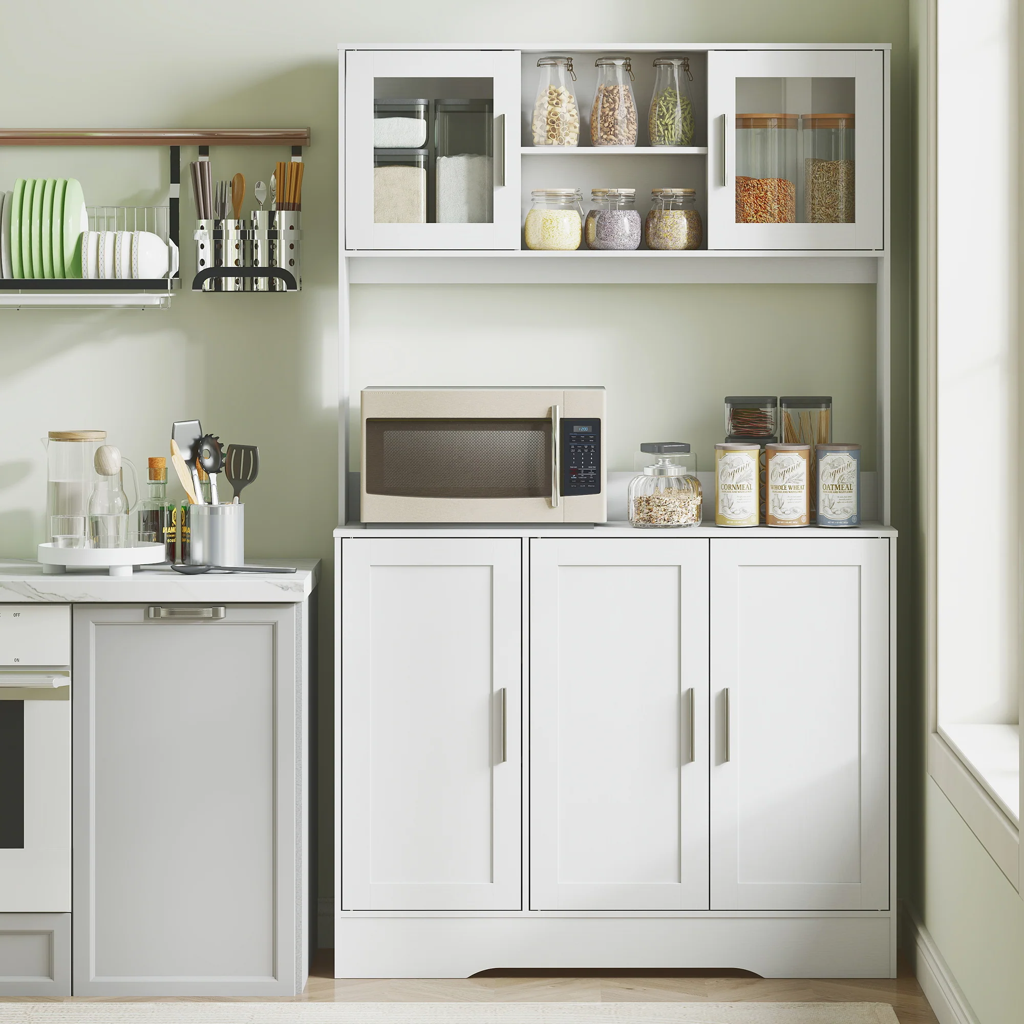 HOMCOM Keukenkast, Scandinavisch Design, 4 Kasten, Verstelbare Planken, Glazen Deuren, Open Vak, Spaanplaat, MDF, Wit