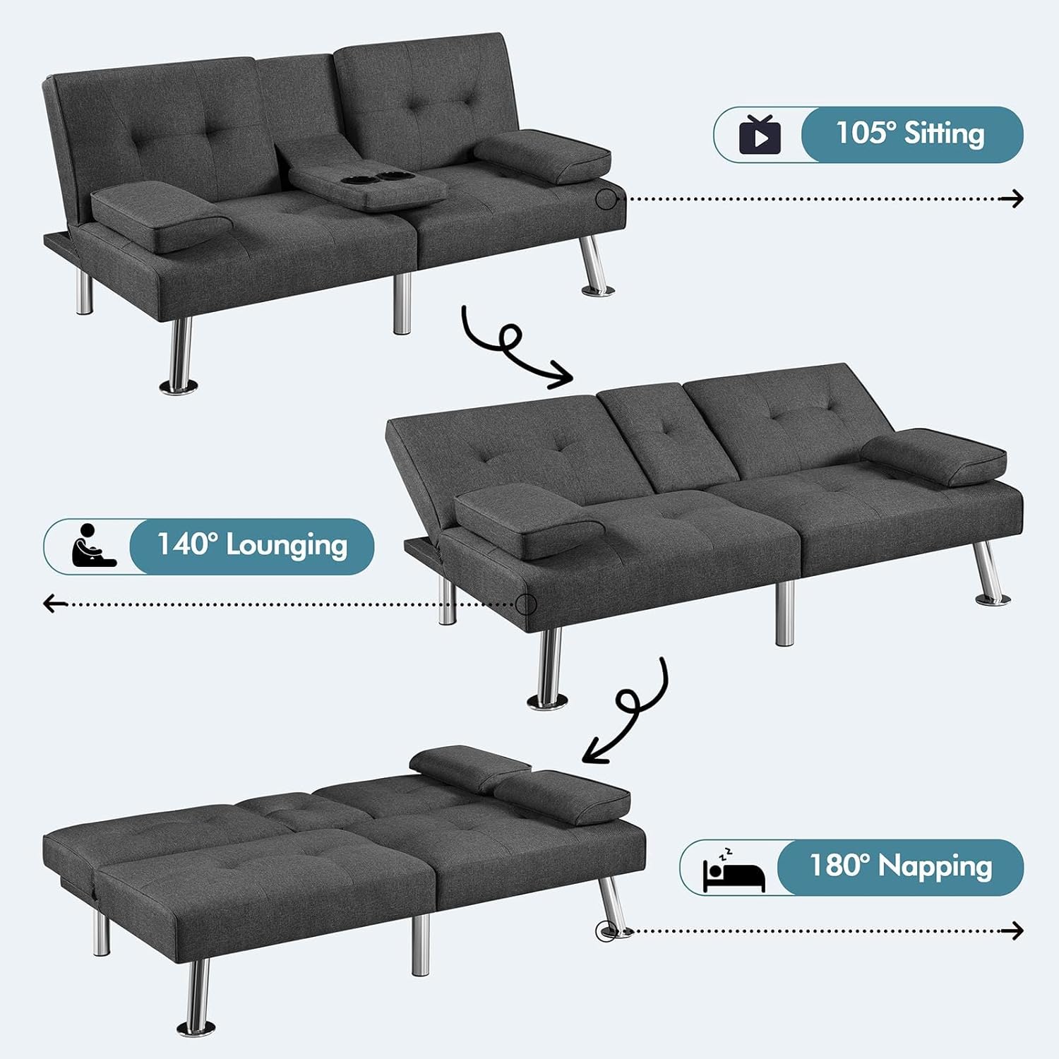 Yaheetech Convertible Sofa Bed Adjustable Couch Sleeper Modern Faux Leather Home Recliner Reversible Loveseat Folding Daybed Guest Bed, Removable Armrests, Cup Holders, 3 Angles, 772lb Capacity, Brown
