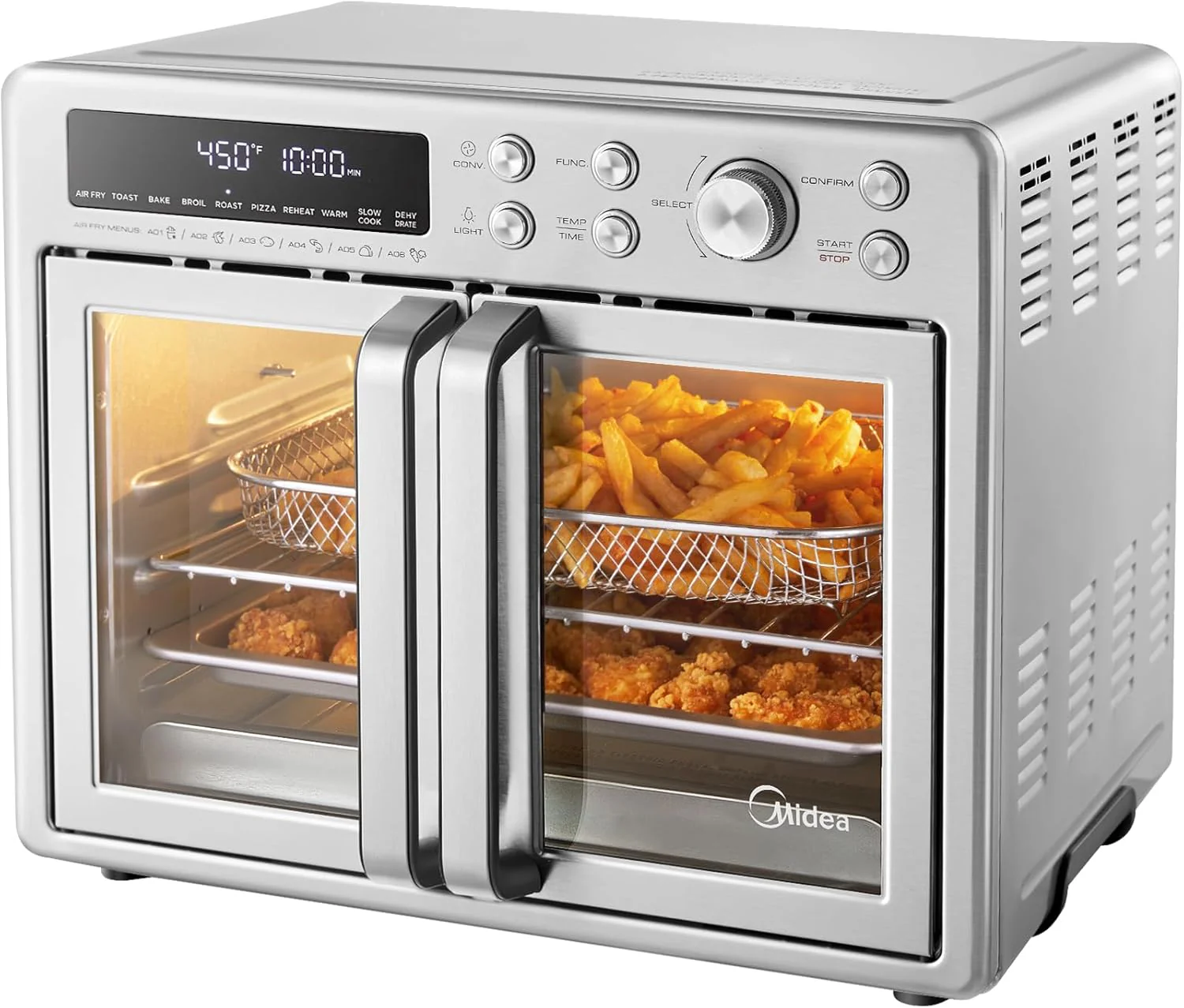 Flexify French Door Toaster Oven Air Fryer Combo, 26.4 QT, Extra Large Air Fryer Countertop Oven 10-in-1 Combo, 25% Faster Cooking and 90% Less Oil, Stainless Steel
