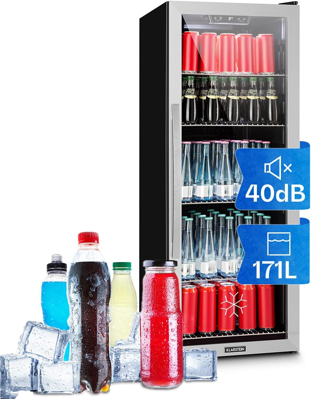 KLARSTEIN Beersafe XL - Refrigeratore Bevande, Frigorifero, Ripiani in Metallo, Porta a Vetro, Classe Energetica G, Libera Installazione, Frontale in Acciaio Inox, 201 L, Nero