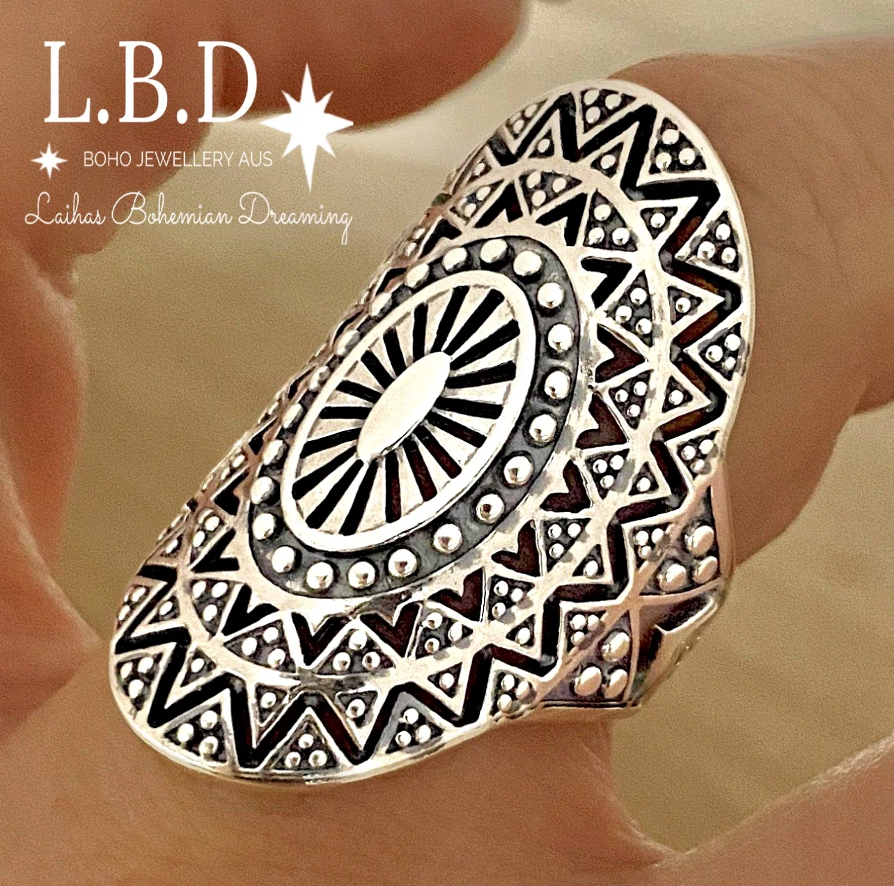 Laihas Tribal Sun Statement Sterling Silver Boho Ring