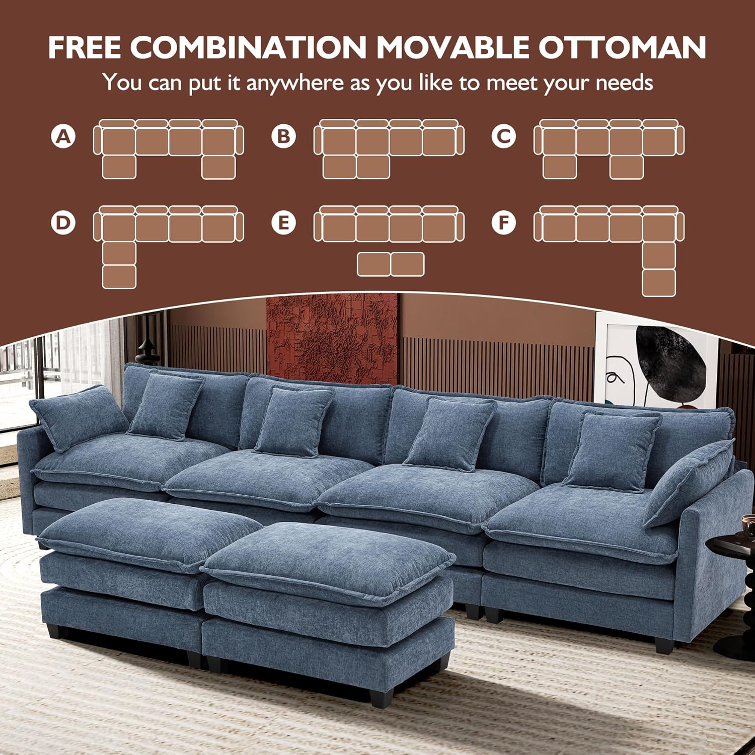 111.4 Inch L-Shaped Modern Sofa Modular Cloud Sofa Ottoman 4-Seater Chenille Deep Seat Sofa