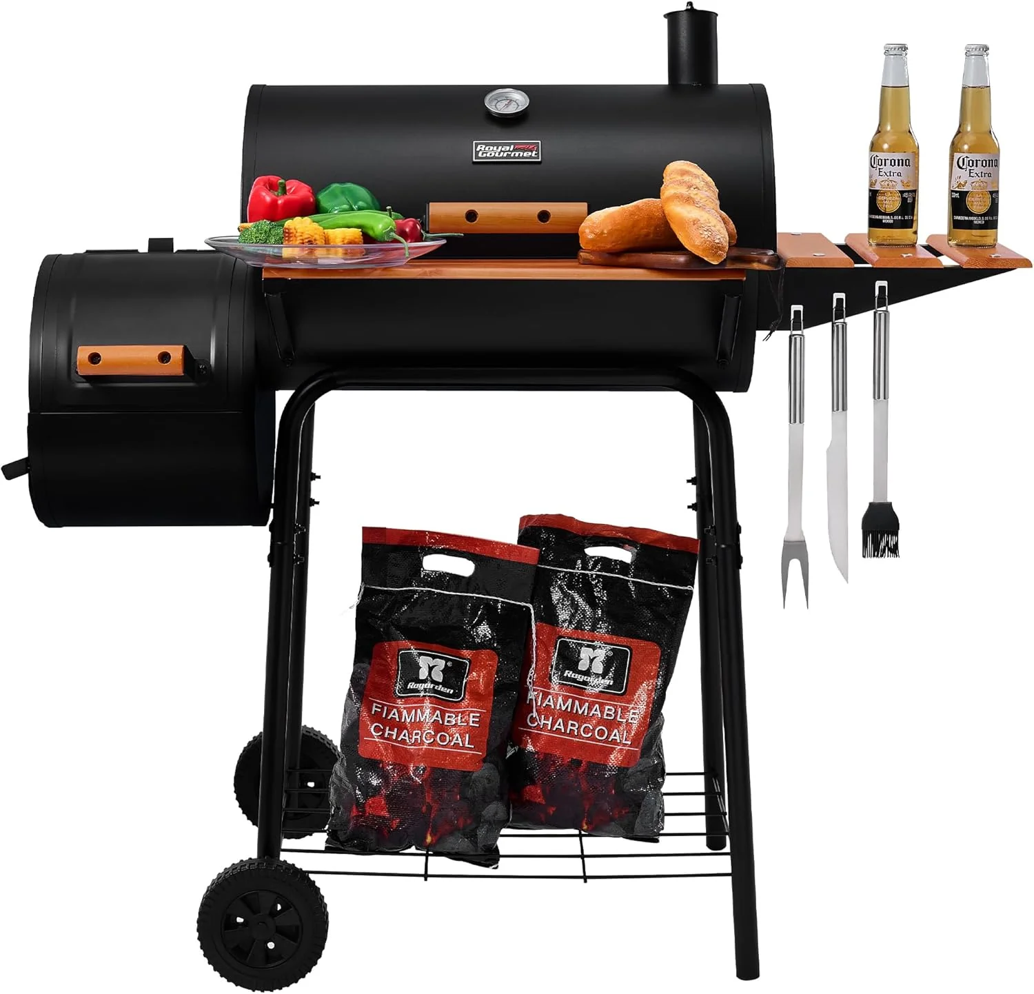 Royal Gourmet CC1830W 30-Inch Charcoal Grill with Offset Smoker and Wood-Painted Side