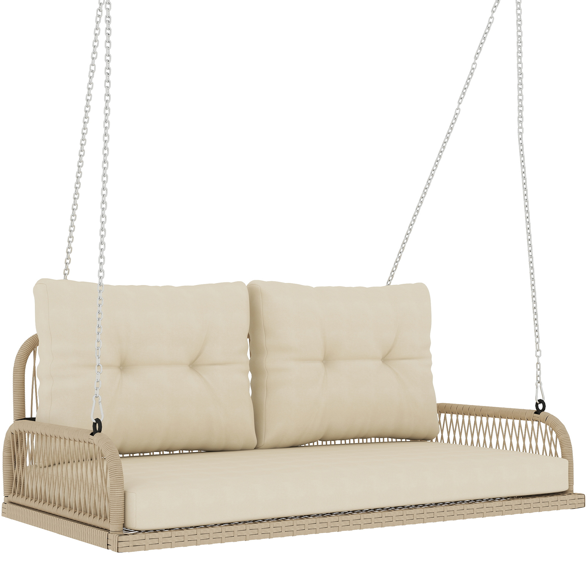 Outsunny Hollywoodschommel 2-Zits Rattan Tuinschommel met Kussens Ketens Tot 240 kg 115 x 66 x 44 cm Beige