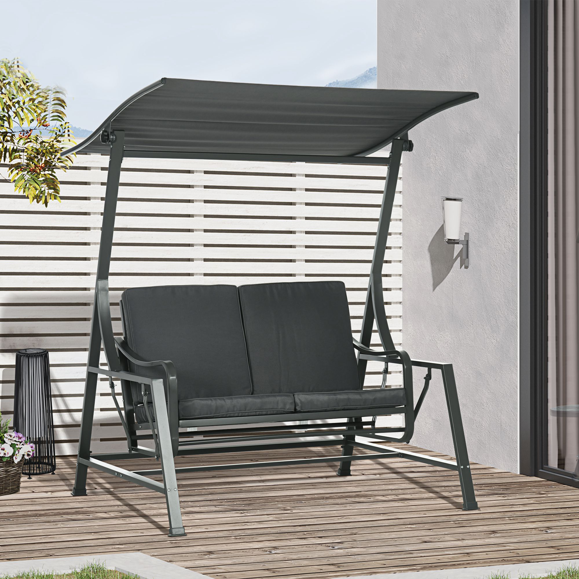 Outsunny tuinschommelset, 2-zits tuinschommelset met baldakijn, grijze kussens