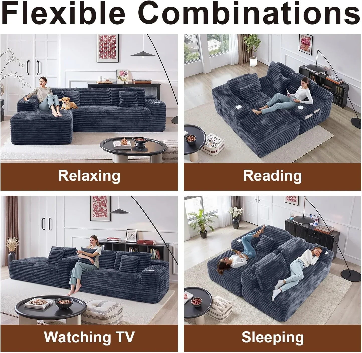 Cloud Sectional Couch with L Shape Chaise Modern Modular Sofa with Deep Seat Built in Cup Holder