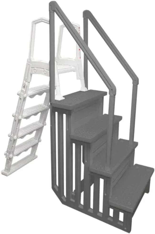 Non-slip entry steps for pools | Grey | For above-ground pools | Can be installed on terraces with a height of 122 to 137 cm | Load capacity up to 136 kg