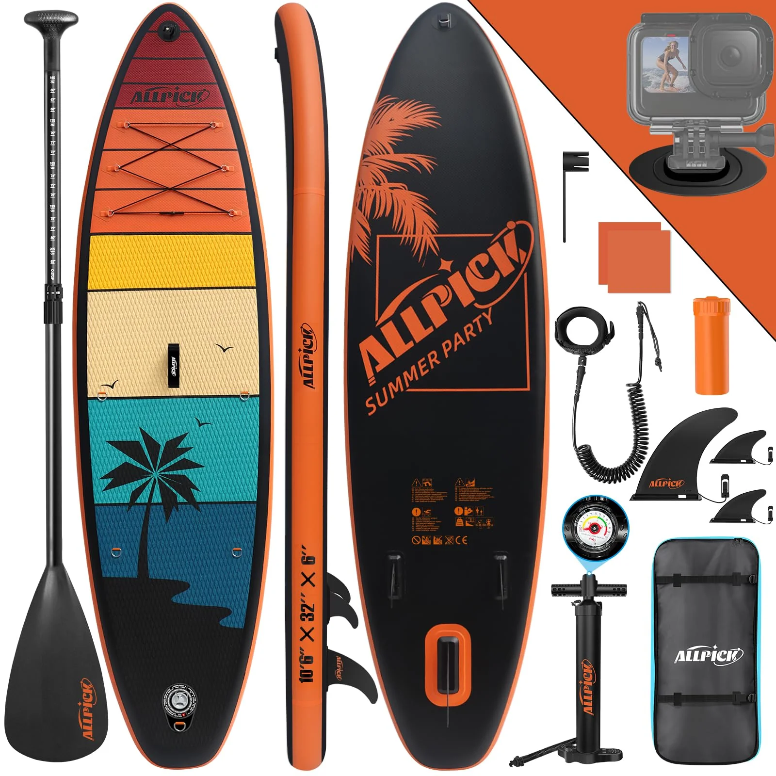 Set premium tavola SUP ALLPICK, tavola da Stand Up Paddling gonfiabile, con supporto universale per fotocamera, accessori completi, pagaia regolabile, per principianti e avanzati, capacità 150kg/180kg, colore arancione crepuscolo.