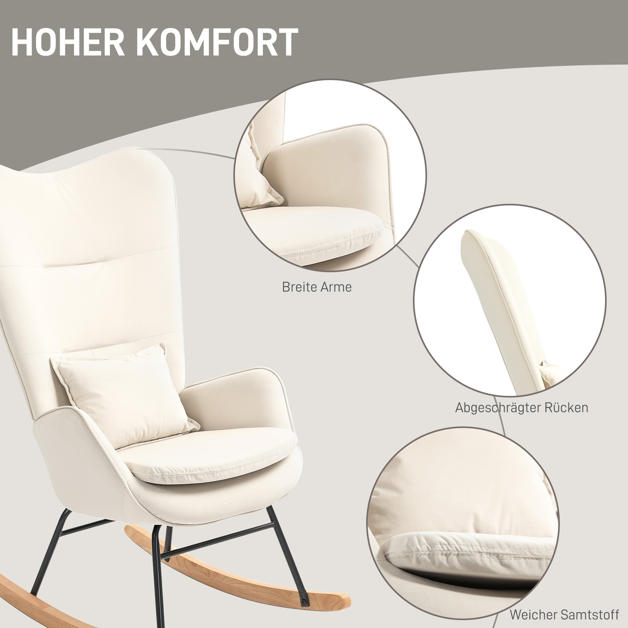 HOMCOM Schommelstoel in Samt-uitstraling met Lendenkussen, tot 120 kg, 67 x 85 x 112 cm, Crèmewit