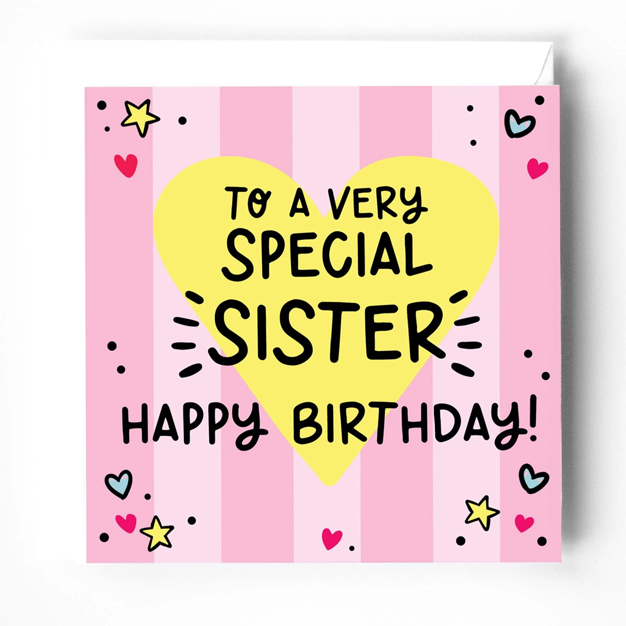 Sister Birthday Card; bright, pink, with white envelope