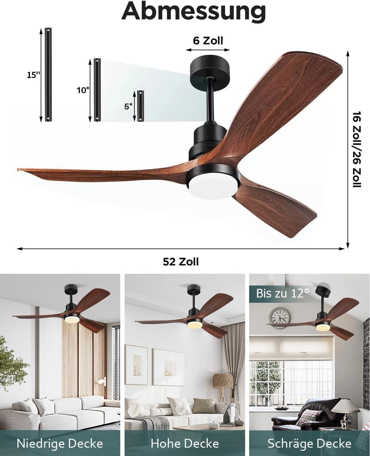 Deckenventilator mit Beleuchtung und Fernbedienung, Leise DC Motor, 132 cm/52 Zoll, 3 Holz Flügeln, Timer, 6 Geschwindigkeiten, ETL-gelistet, Sommer Winterbetrieb für Schlafzimmer