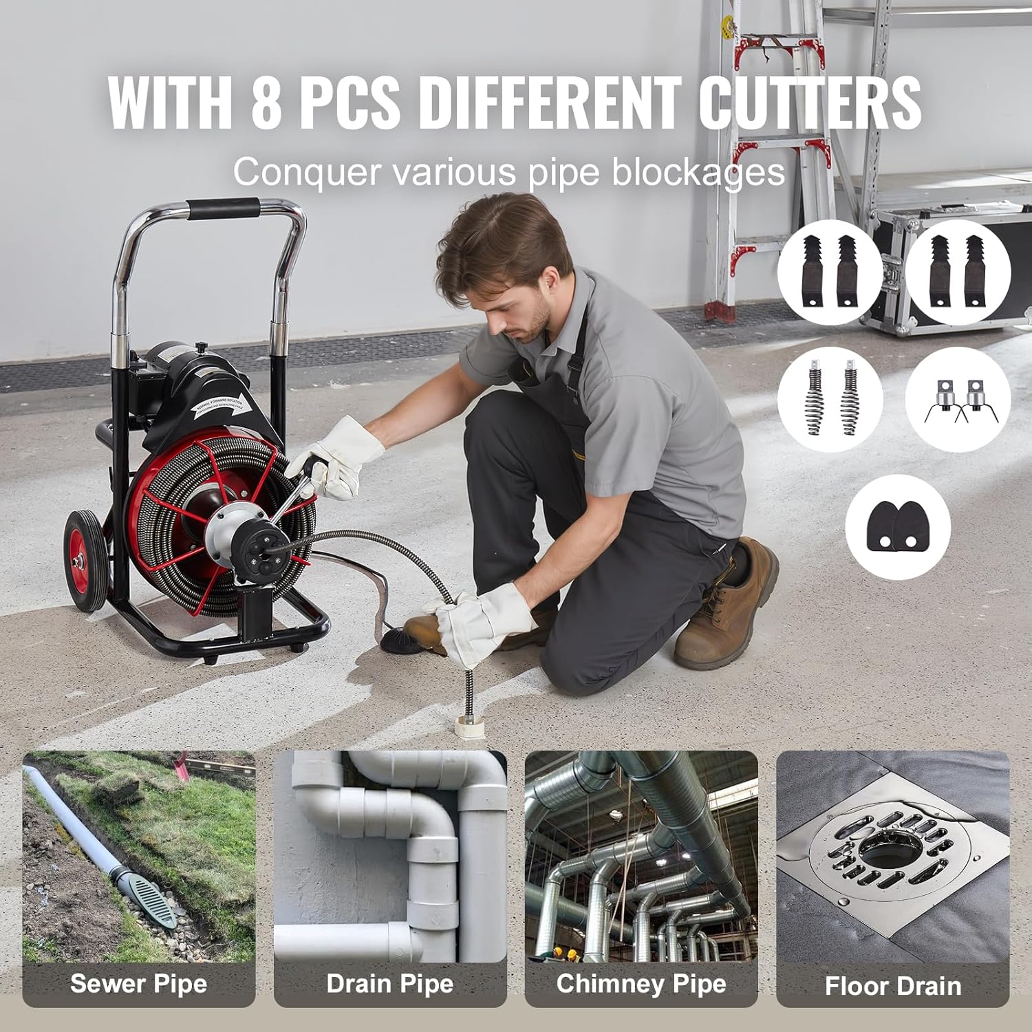 Drain Cleaner Machine 100FT x 1/2 Inch, Auto Feed Sewer Snake Auger on Wheels, 550W Portable Drain Cleaning Machine with 8 Cutters & Air-activated Foot Switch for 2