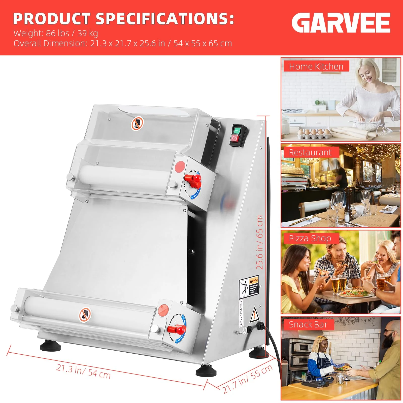 Commercial Pizza Dough Roller Sheeter, Max 16, Automatic 370W Electric Pizza Dough Roller, Stainless Steel, Suitable for Noodle, Pizza Bread and Pasta Maker Equipment