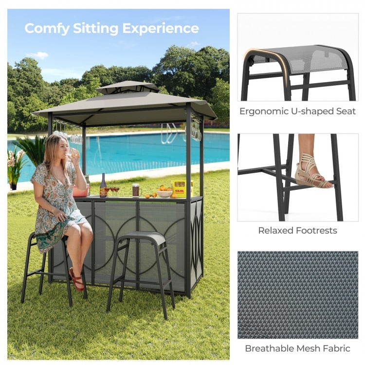 3-Piece Patio Bar Set Grill Gazebo & 2 Bar Stools with Tempered Glass Bar Table