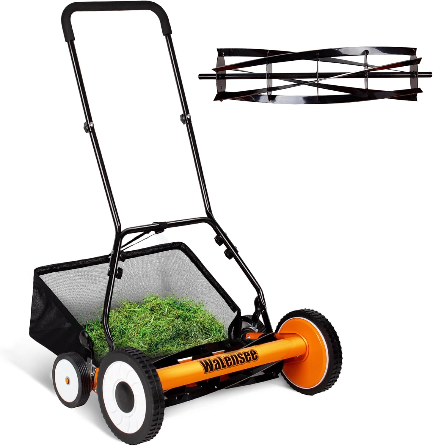 Walensee 20-Inch 5-Blade Push Reel Lawn Mower  Cordless Manual Reel Lawn Mower Walk-Behind Steel Lawn Mowers with Removable 11.8-Gallon Grass Catcher  Sponge Grip  9-Position Cutting Height Adjustment
