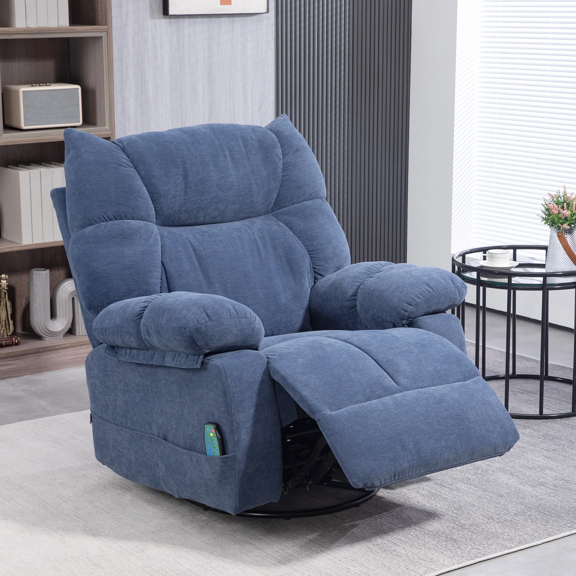 HOMCOM Massagestoel met Warmte- & Ligfunctie, Draaibaar, tot 150 kg, Metalen Frame, 98x90x98cm, Blauw