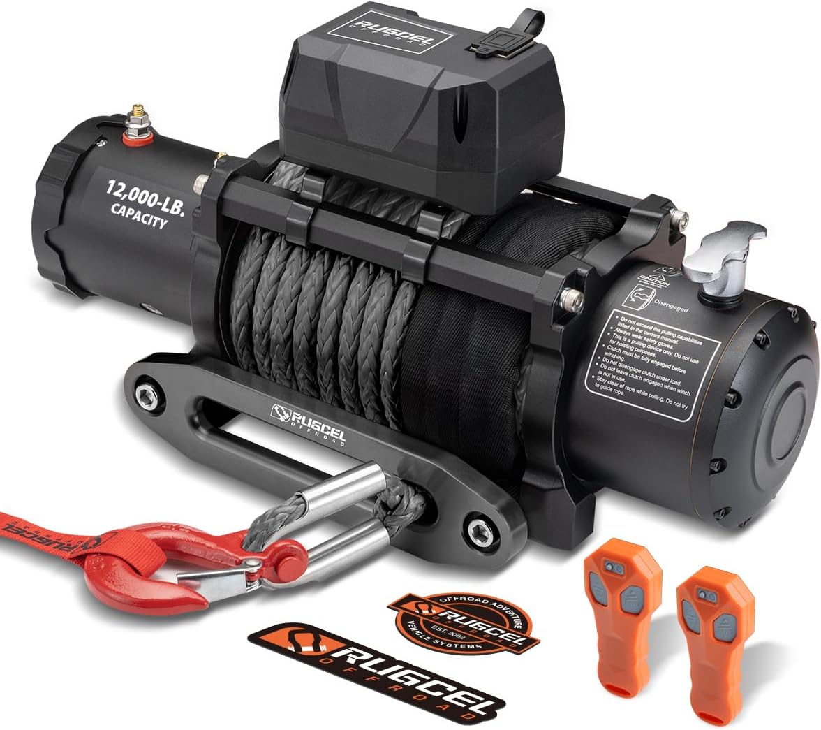 RUGCEL WINCH 12000lb 12V Truck Waterproof Electric Black Steel Rope Electric Winch with Roller Fairlead,Wired Handle,2 Infrared Remote Control, Trailer Winch